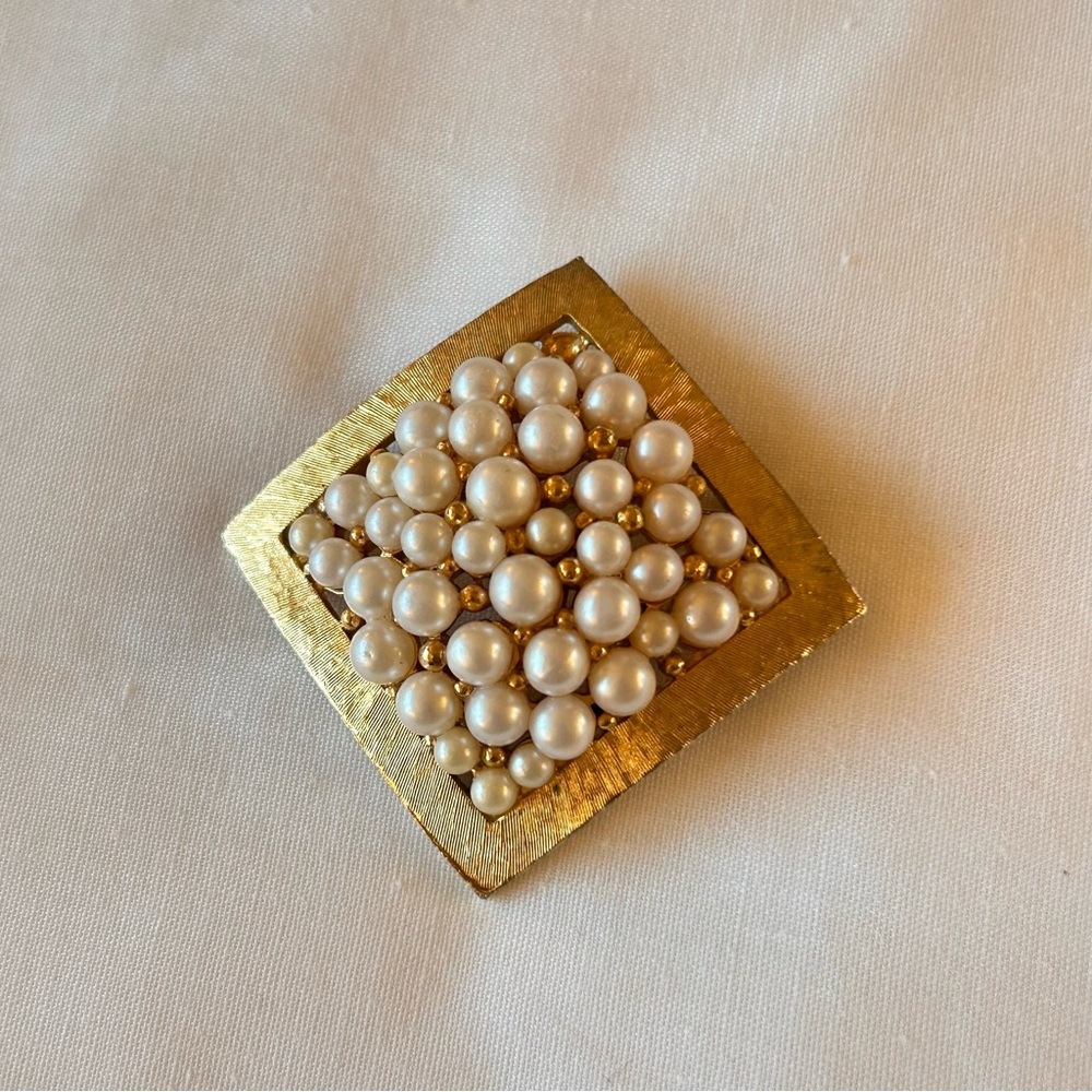 Vintage Napier Gold and Pearl Square Brooch Signed
